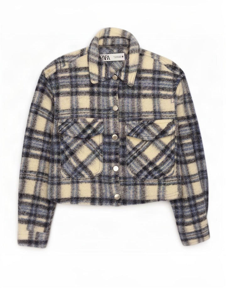 Zara Mujer Crop Chaqueta Bomber Extragrande De Manga 3/4 UK 10 Small Grey Check