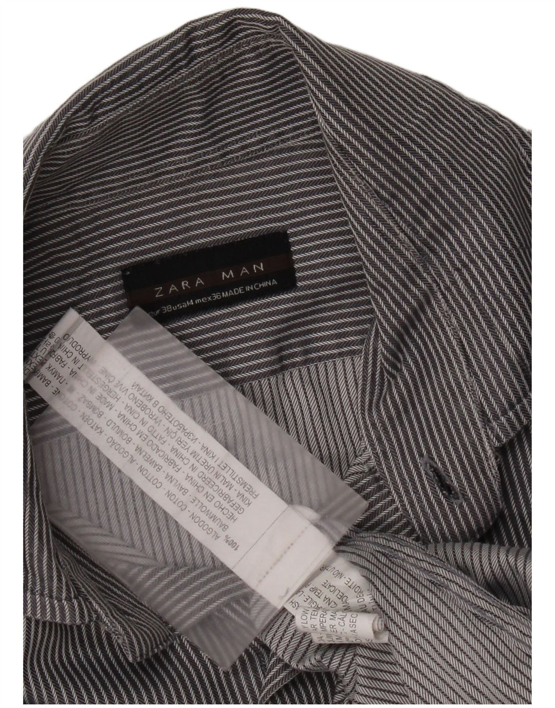 Camisa Zara Hombre Talla 38 Algodón Rayas Gris Medio