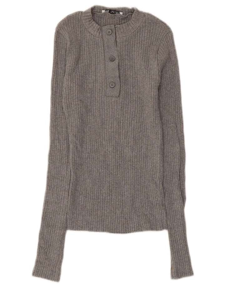 Zara Mujer Botón Cuello Jersey Suéter UK 8 Pequeño Algodón Gris