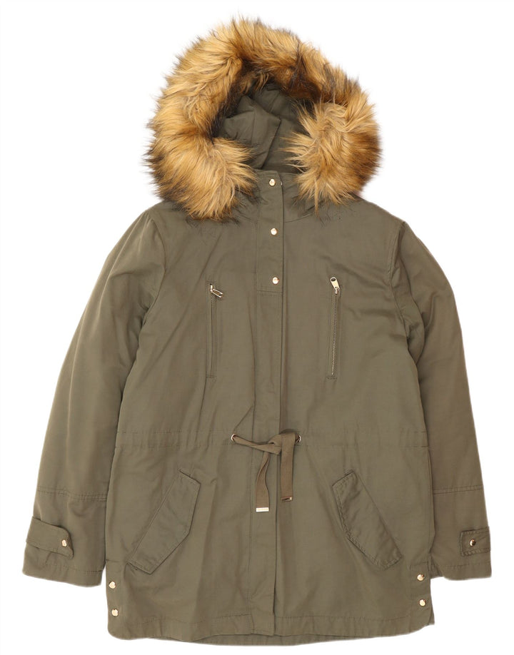 Zara Mujer Parka Extragrande Con Capucha UK 10 Small Caqui Poliéster