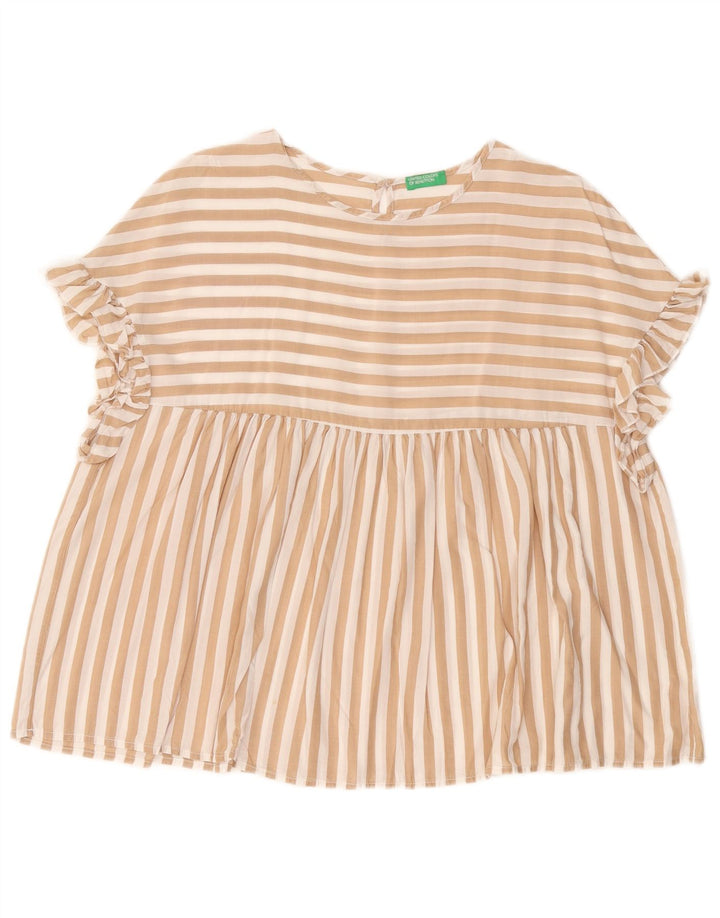 BENETTON Blusa extragrande para mujer UK 10 Small Beige Pinstripe Lyocell