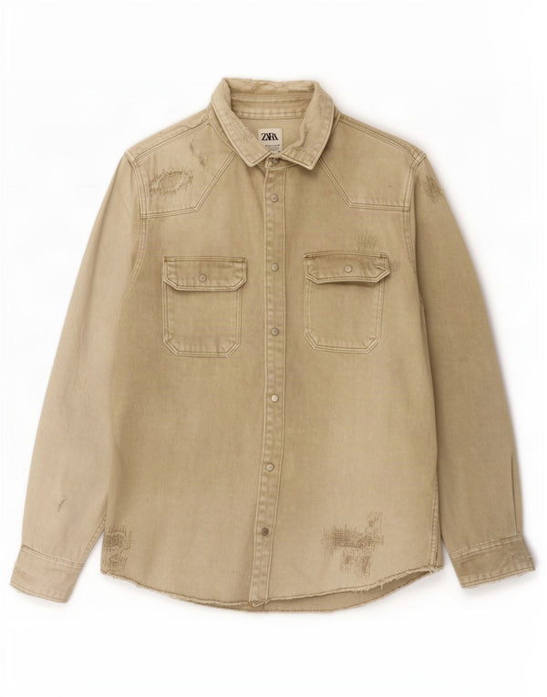 Zara Hombre Camisa Vaquera De Corte Relajado Grande Algodón Caqui