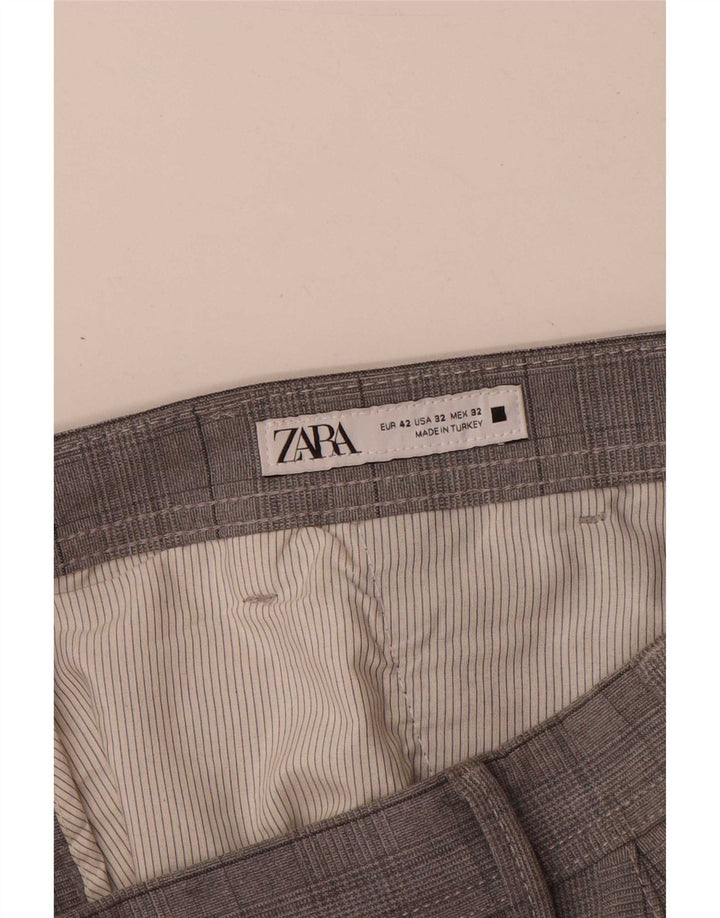 Zara Mens Slim Chino Pantalones EU 42 Large W32 L30 Gris Cuadros Poliéster