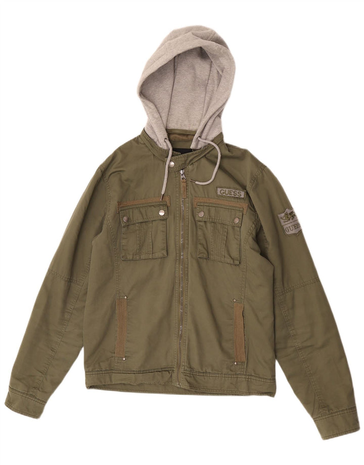 Guess Chaqueta utilitaria con capucha y gráfico para hombre UK 38 Medium Khaki Colourblock