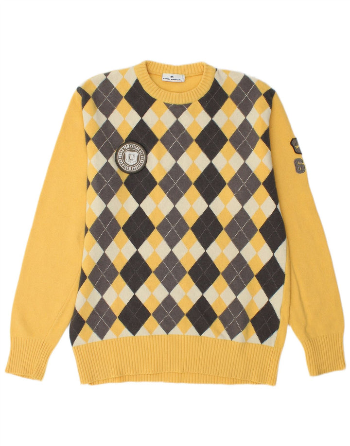 Tom Tailor Jersey de cuello redondo para hombre, talla grande, amarillo Argyle/Diamante