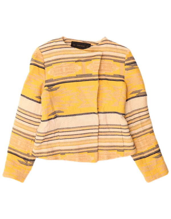 Zara Mens Crop Open Blazer Chaqueta UK 12 Algodón A Rayas Amarillo Mediano