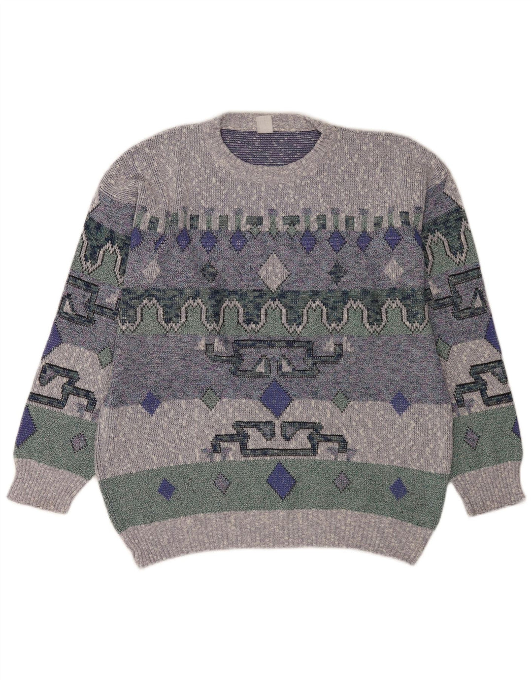 Vintage hombres cuello redondo jersey suéter grande azul geométrico