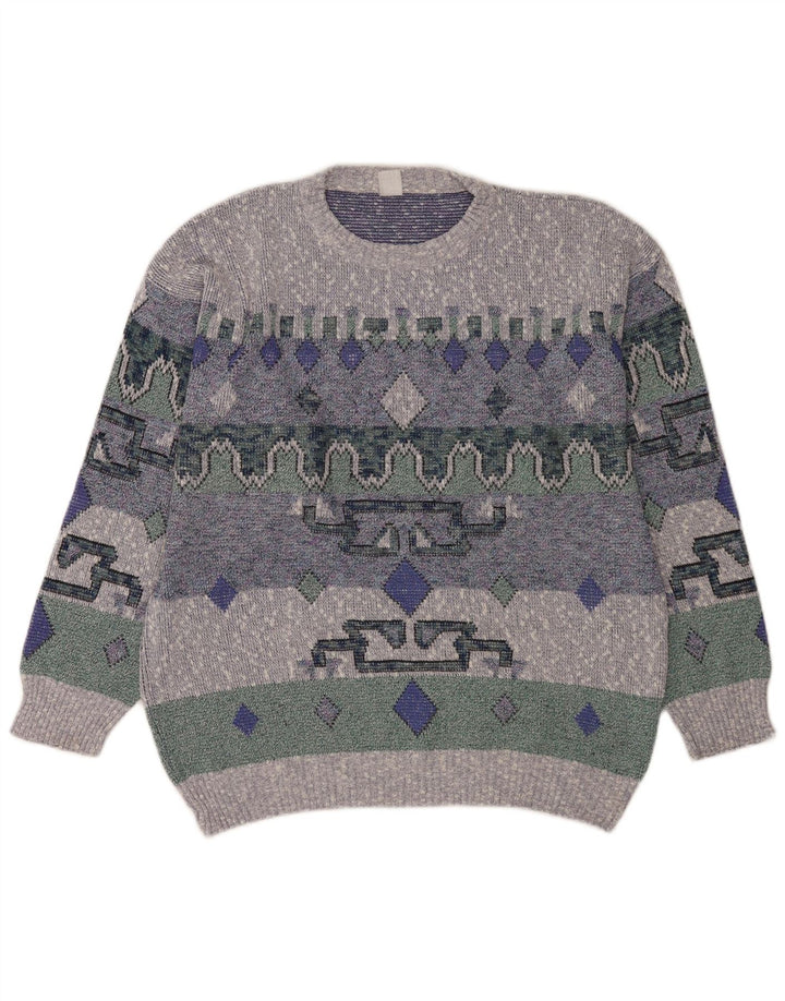 Vintage hombres cuello redondo jersey suéter grande azul geométrico