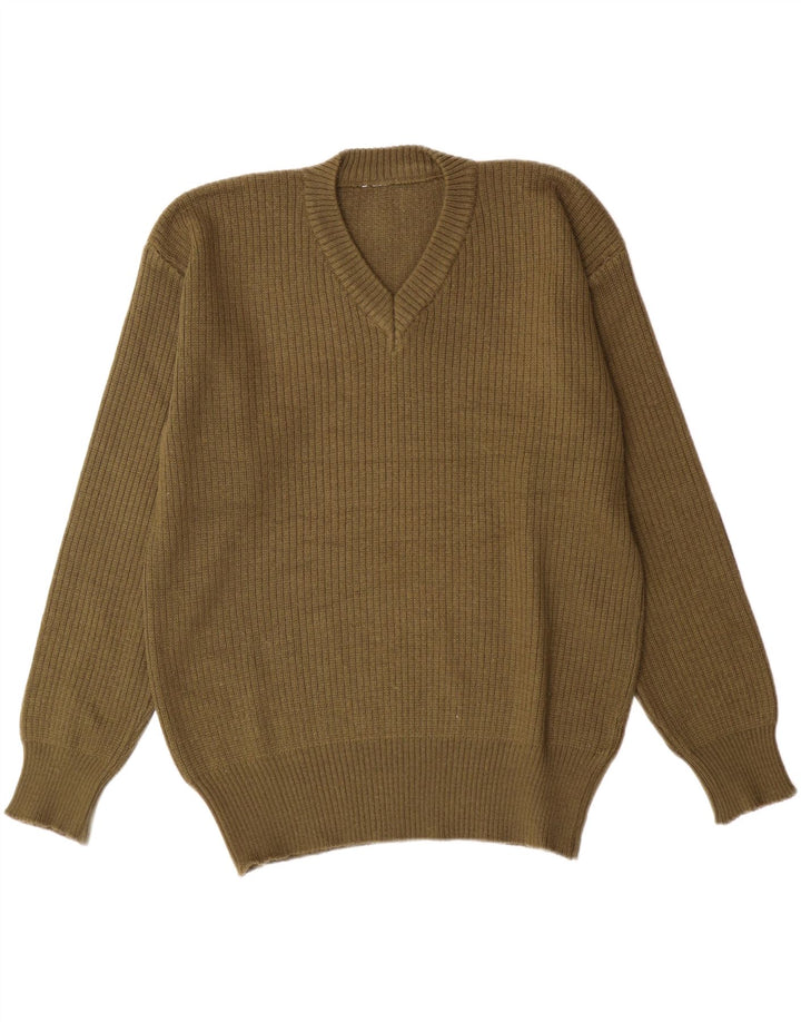 VINTAGE Mens V-Neck Jumper Sweater Medium Khaki