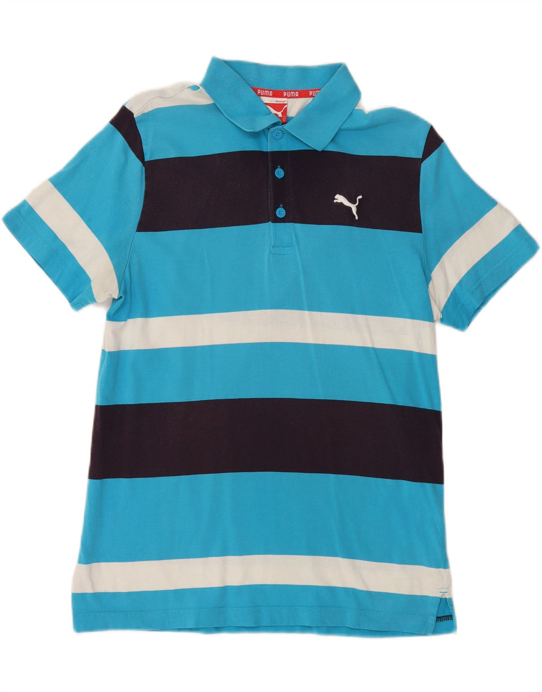 PUMA Mens Polo Shirt Medium Blue Striped Cotton Vintage Puma and Second-Hand Puma from Messina Hembry 