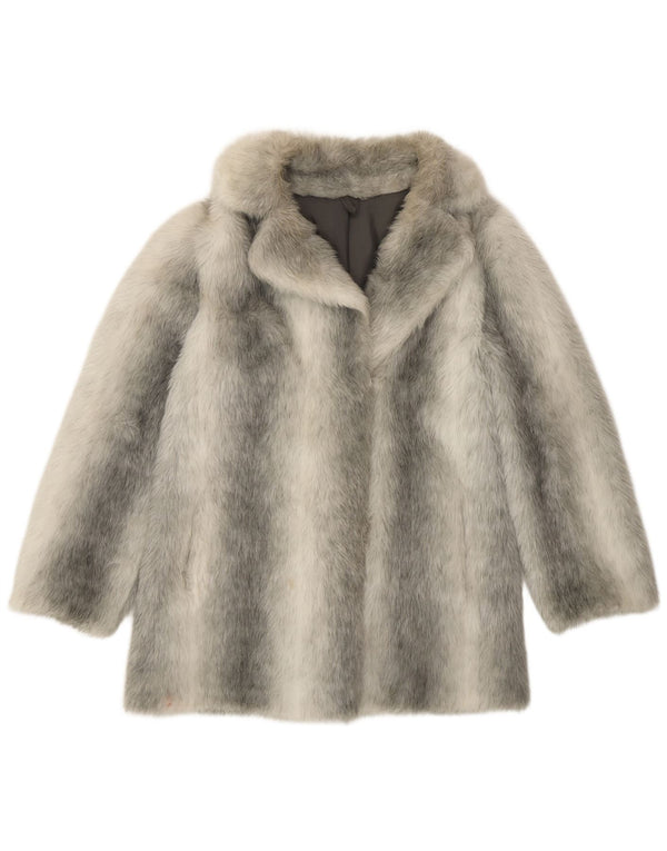 VINTAGE Abrigo de piel sintética para mujer Reino Unido 12 Modacryl a rayas plateadas medianas