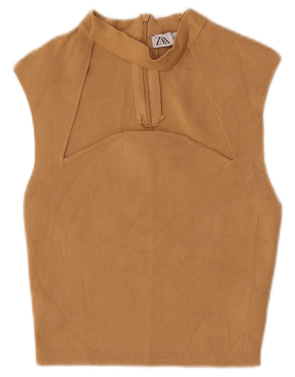 Zara Mujer Blusa Corta Sin Mangas Top UK 8 Small Beige Nylon