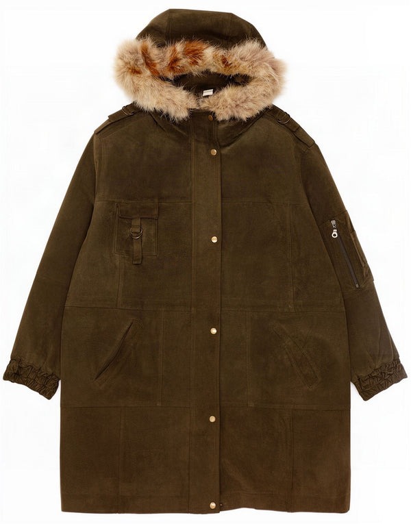 Vintage mujer con capucha ante Parka chaqueta Reino Unido 24 4XL cuero caqui