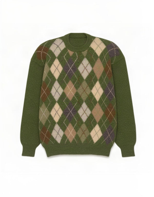 Vintage hombres cuello redondo jersey suéter XL verde Argyle/Diamante