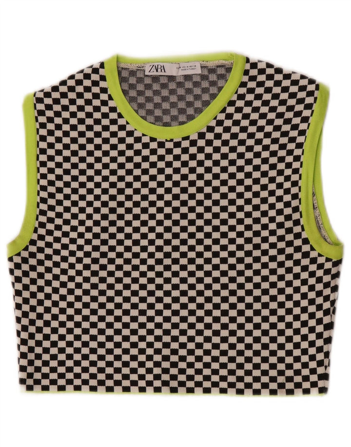 Zara Mujer Crop Vest Top UK 40 Mediano Negro Geométrico Poliéster