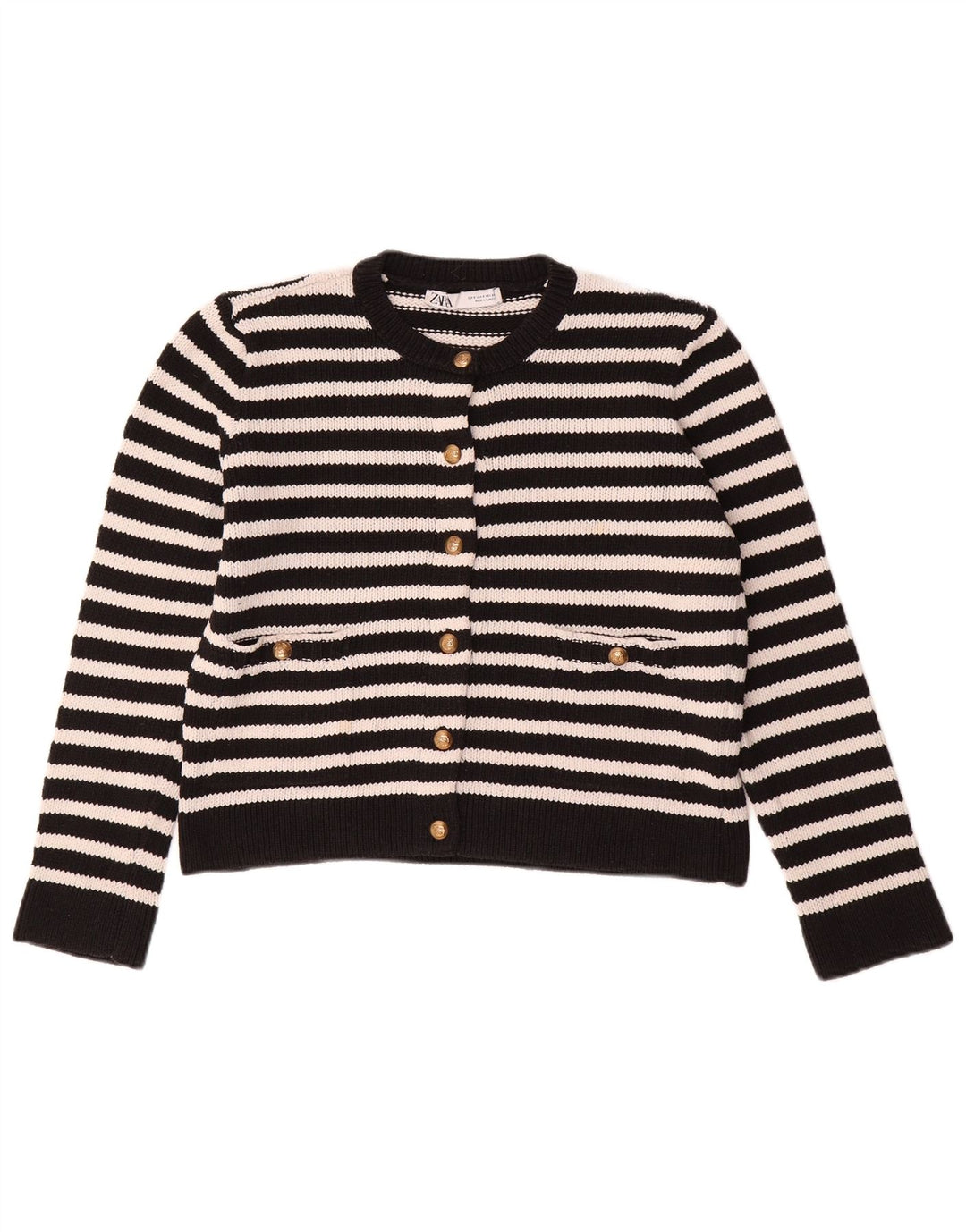 ZARA Womens Oversized Cardigan Sweater UK 10 Small Black Striped Polyester