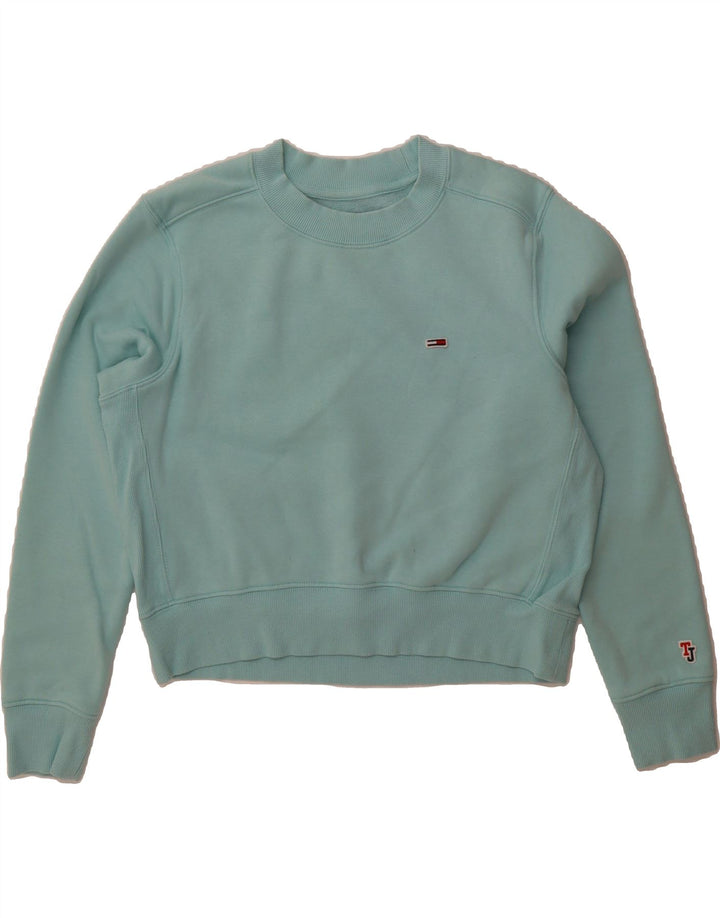 TOMMY HILFIGER Womens Oversized Crop Sweatshirt Jumper UK 10 Small Blue Vintage Tommy Hilfiger and Second-Hand Tommy Hilfiger from Messina Hembry 