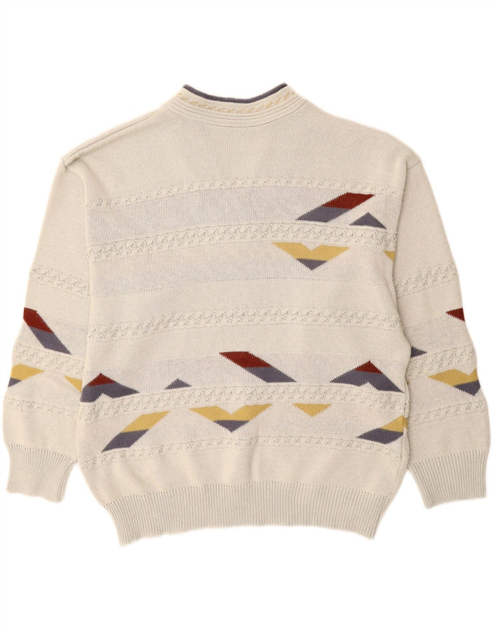 Vintage hombres V-cuello jumper suéter XL blanco geométrico