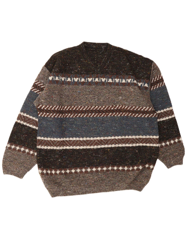 Vintage hombres cuello redondo jersey suéter 2XL acrílico rayado multicolor