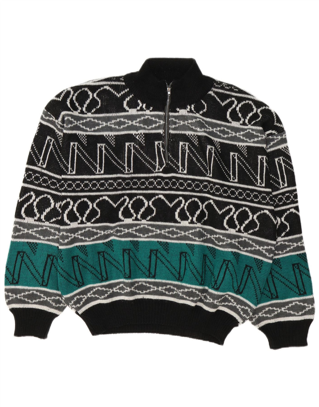 Vintage hombres zip cuello jumper suéter grande multicolor geométrico