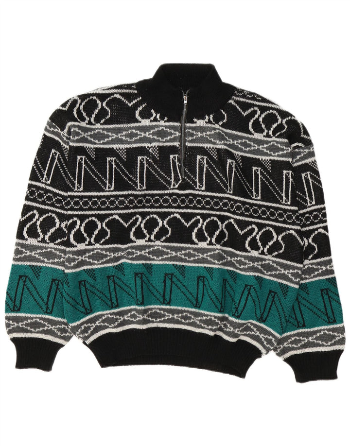 Vintage hombres zip cuello jumper suéter grande multicolor geométrico