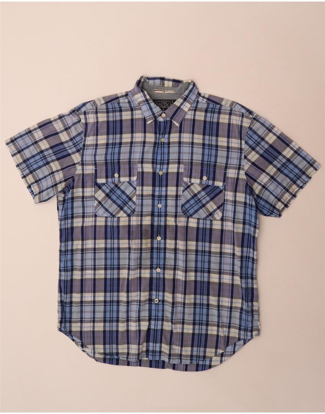 Nautica Camisa de manga corta para hombre de algodón a cuadros azules grandes