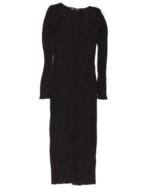 Zara Mujer Vestido Ajustado De Manga Larga UK 8 Small Viscosa Negra