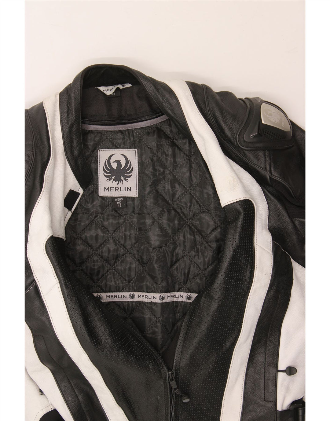 MERLIN Mens Leather Racer Jacket UK 38 Medium Black Colourblock Leather Vintage Merlin and Second-Hand Merlin from Messina Hembry 