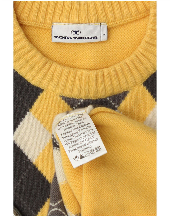 Tom Tailor Jersey de cuello redondo para hombre, talla grande, amarillo Argyle/Diamante