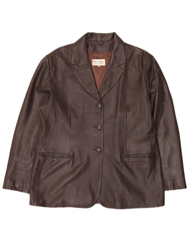 Vintage mujer 3 botones cuero Blazer chaqueta Reino Unido 18 XL cuero marrón