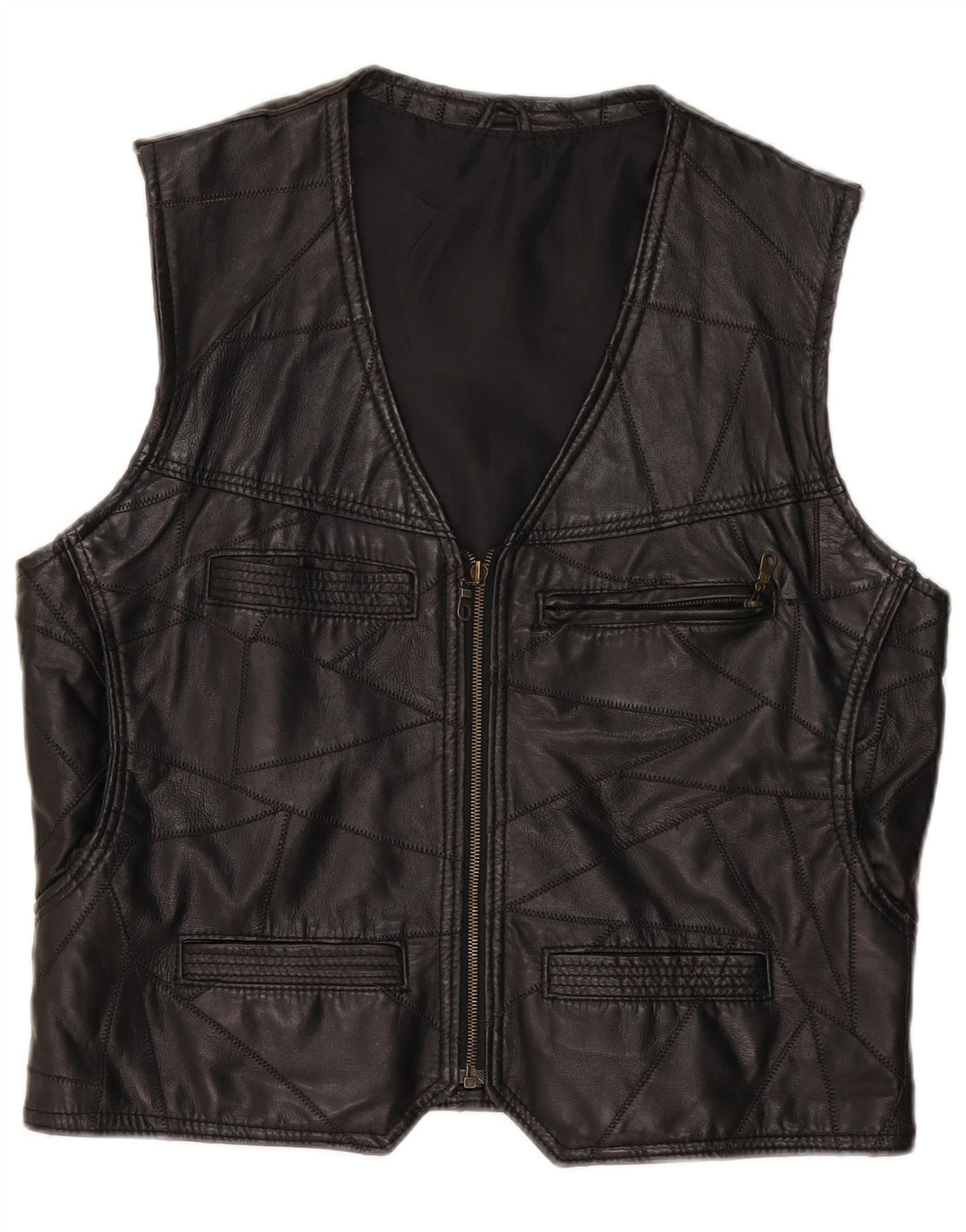 Chaleco de cuero vintage para hombre gran patchwork negro