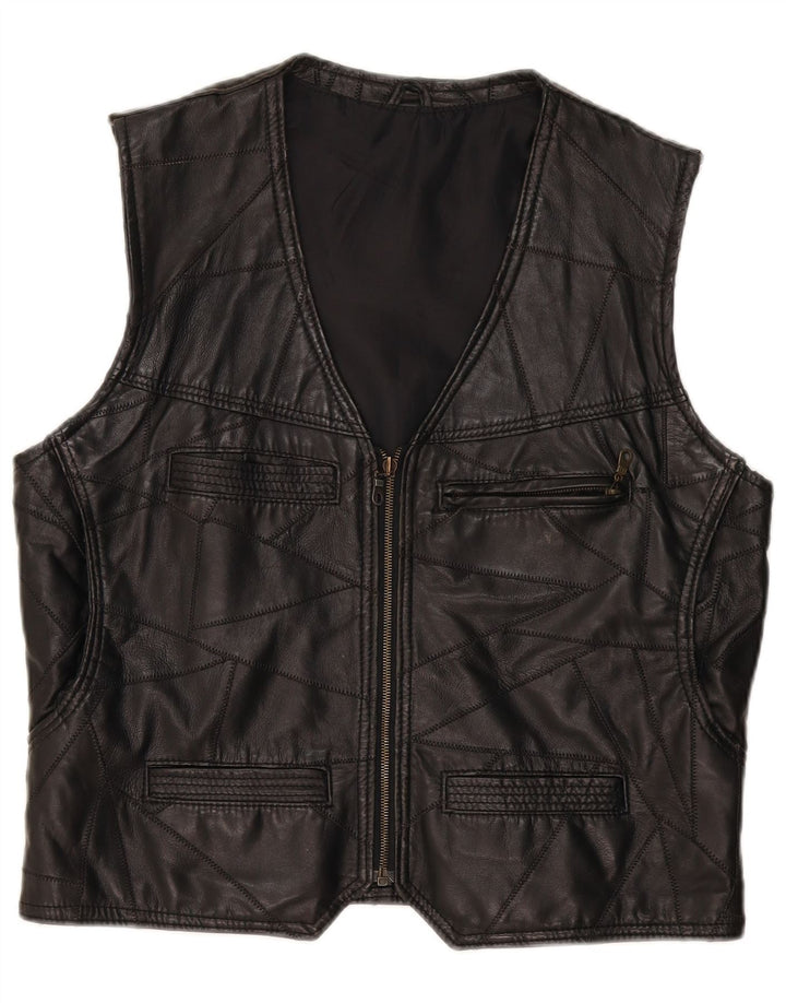 Chaleco de cuero vintage para hombre gran patchwork negro