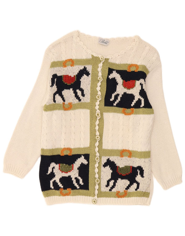 Vintage mujer gráfico cardigan suéter Reino Unido 16 grande de algodón blanco