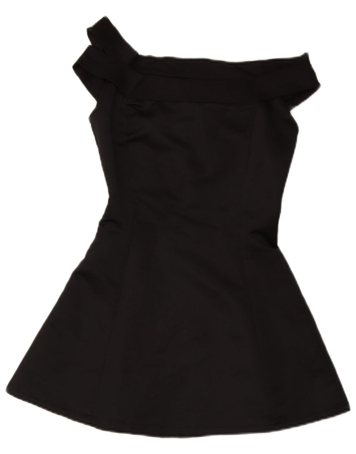 Vintage mujer mini fuera del hombro vestido Reino Unido 8 pequeño negro