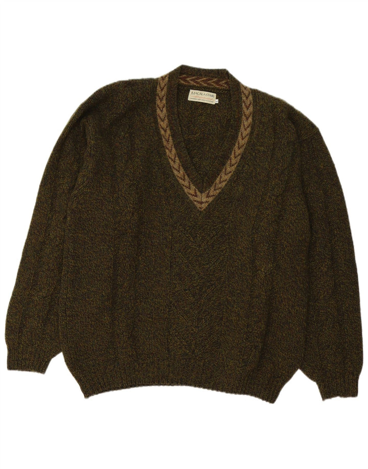 Macalastair Jersey con Cuello en V para Hombre de Lana geométrica Caqui Grande