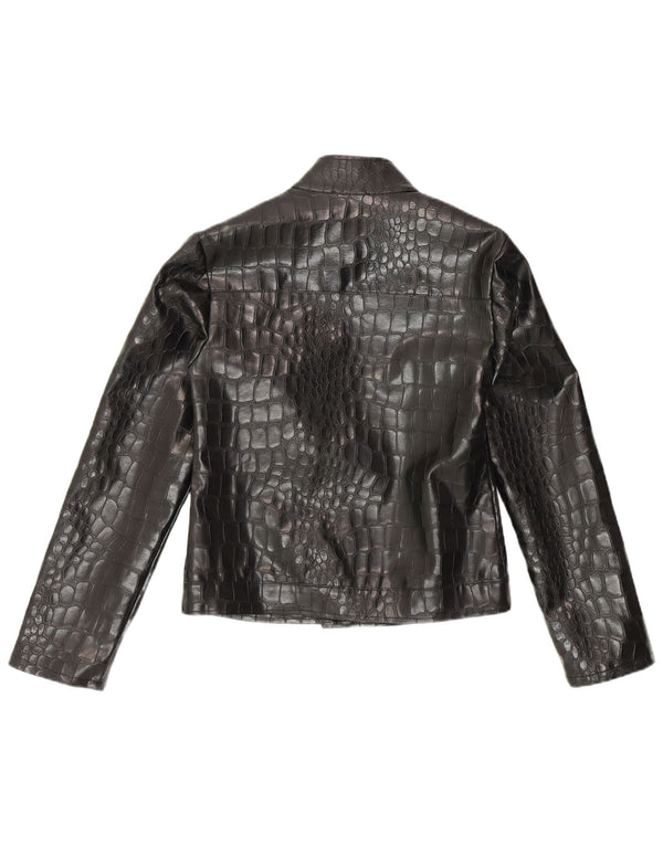 Vintage mujer piel sintética bomber chaqueta Reino Unido 10 pequeño negro animal print
