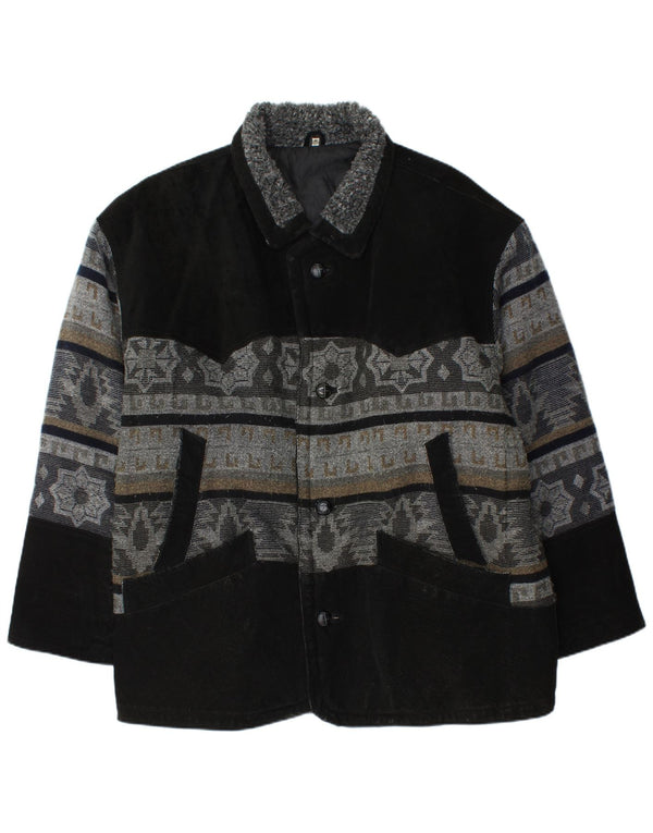 Vintage Mens Leather Jacket UK 42 XL Black Fair Isle Leather