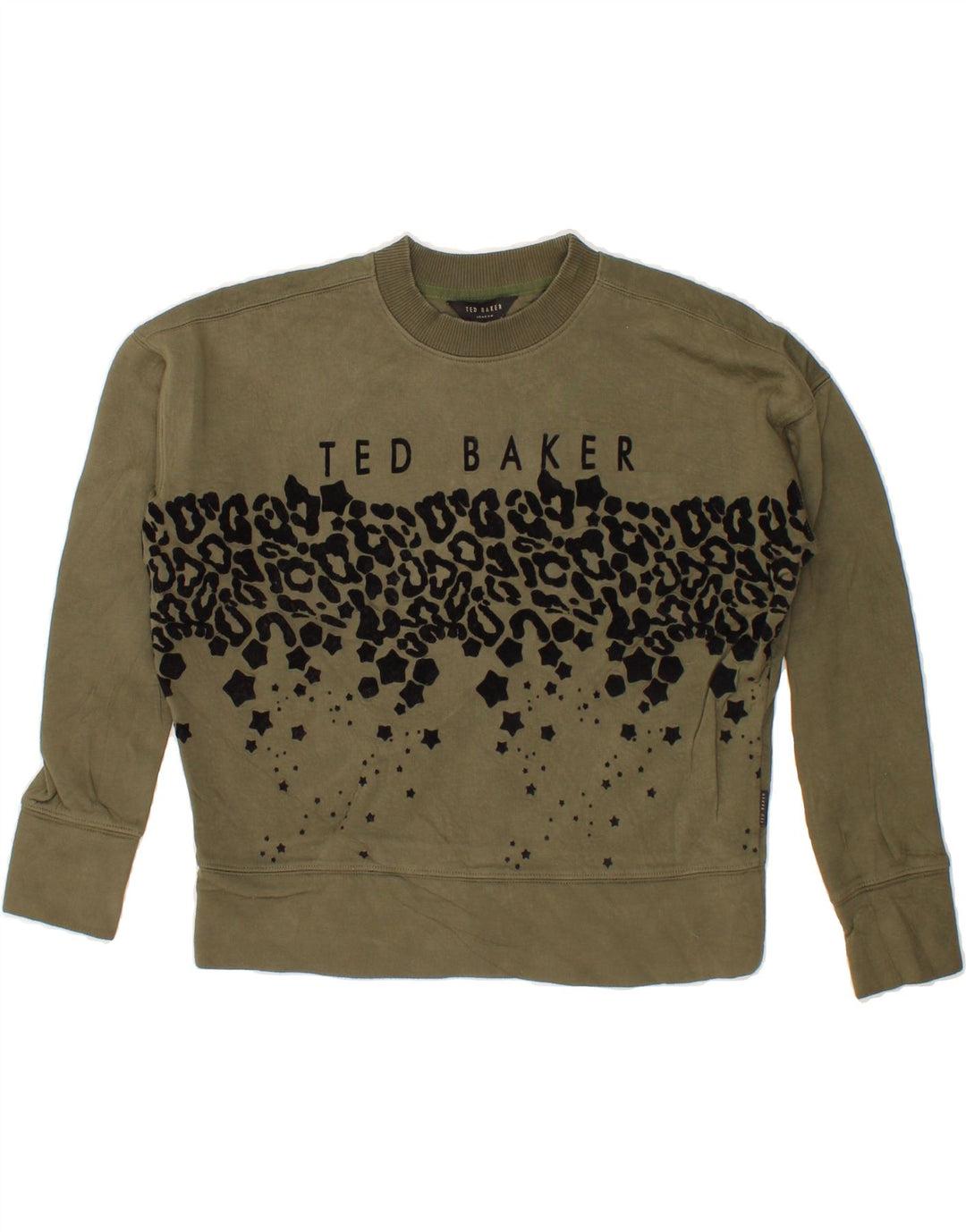 TED BAKER Womens Oversized Sweatshirt Jumper Size 1 XS Khaki Animal Print Vintage Ted Baker and Second-Hand Ted Baker from Messina Hembry 