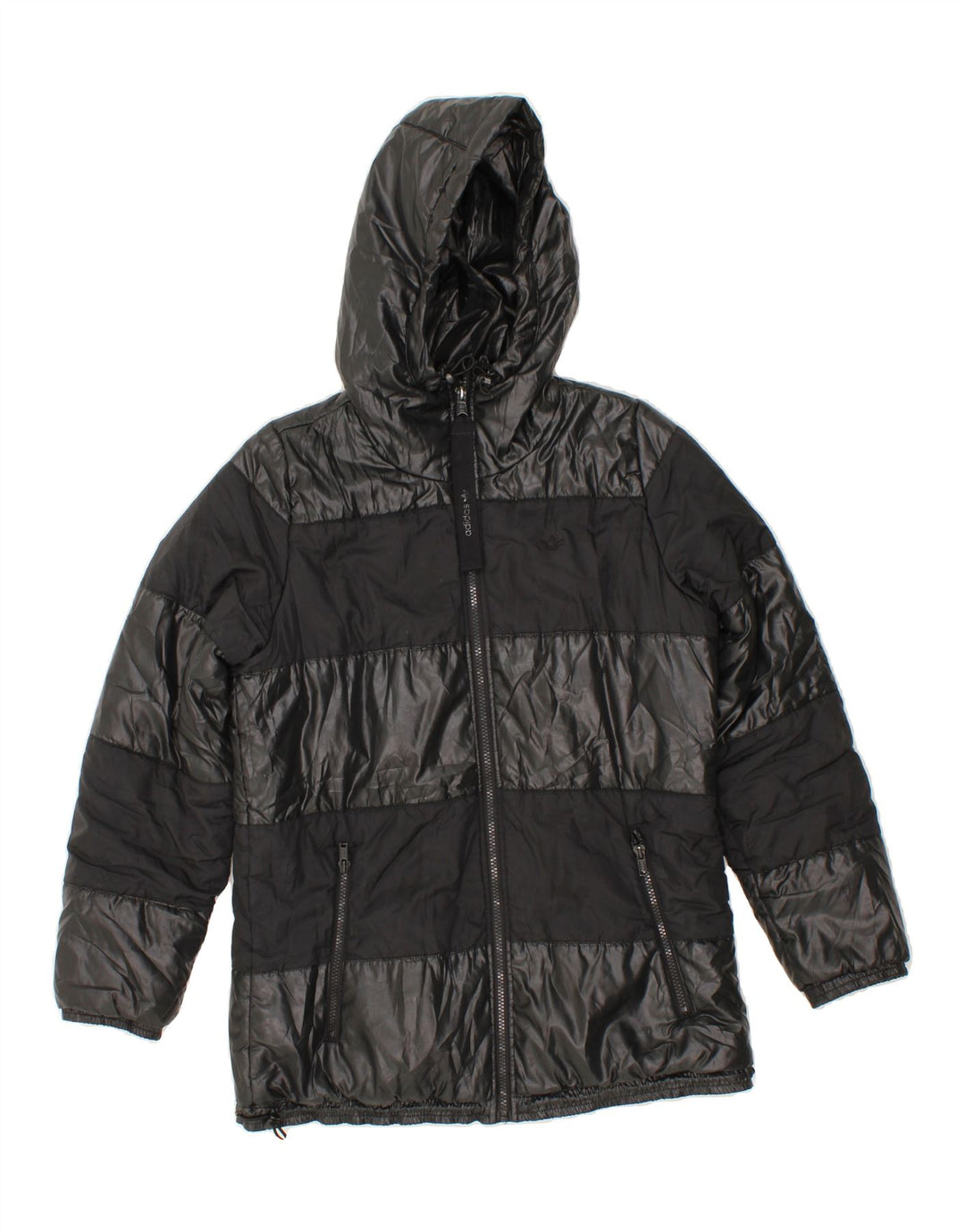 ADIDAS Womens Hooded Rain Jacket IT 44 Medium Black Striped Polyester Vintage Adidas and Second-Hand Adidas from Messina Hembry 