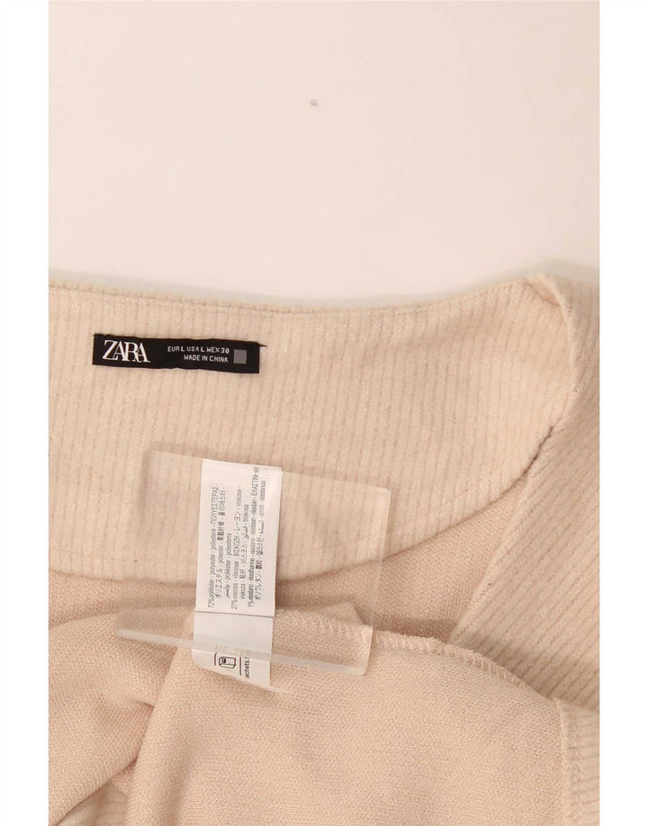 Zara Mujer Blusa De Manga Larga Top UK 44 Grande Poliéster Beige