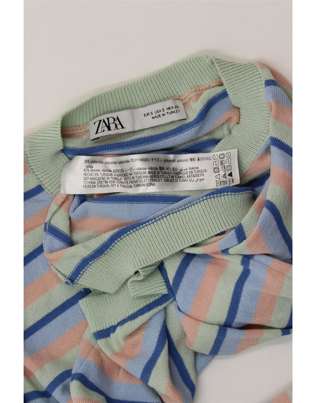 ZARA Jersey corto con cuello redondo para mujer, talla 8, talla pequeña, multicolor, a rayas