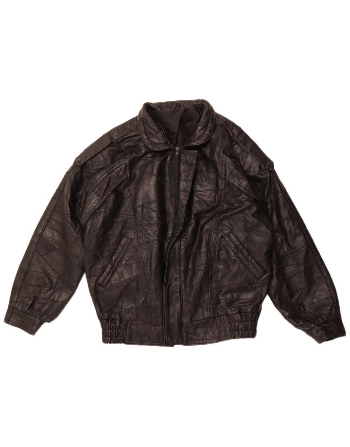 VINTAGE Hombres Militar Loose Fit Chaqueta de Cuero Reino Unido 36 Pequeño Patchwork Negro