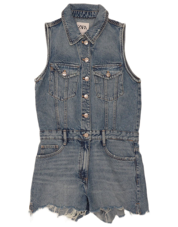 Zara Mujer Mono Corto De Mezclilla Sin Mangas UK 10 Small Azul Algodón