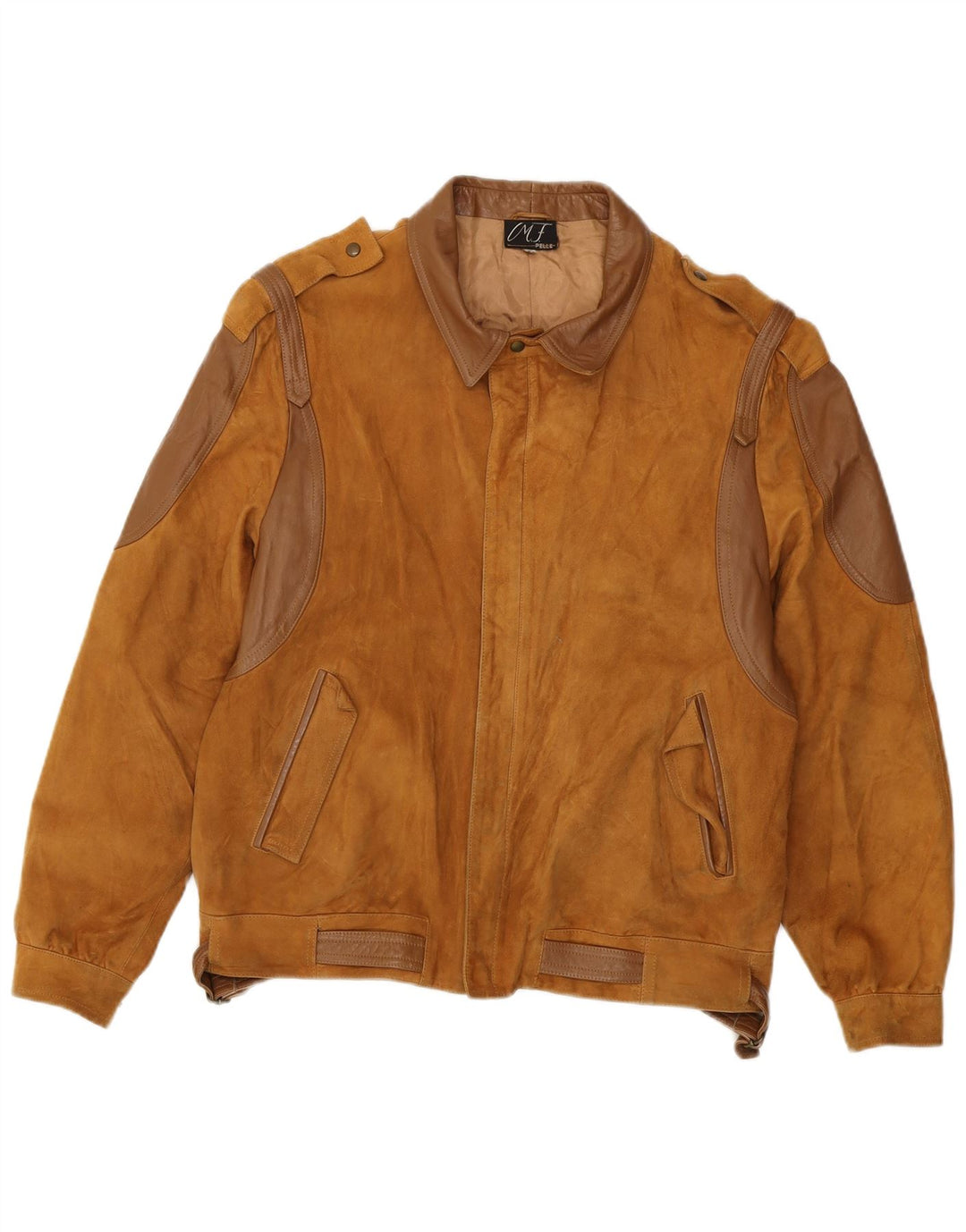 VINTAGE Chaqueta bomber de ante militar para hombre IT 50 Bloque de color marrón grande