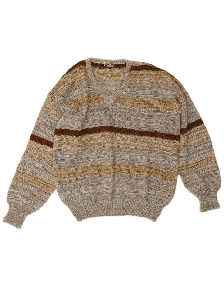 Fiume Jersey con cuello en V para hombre de lino a rayas gris grande