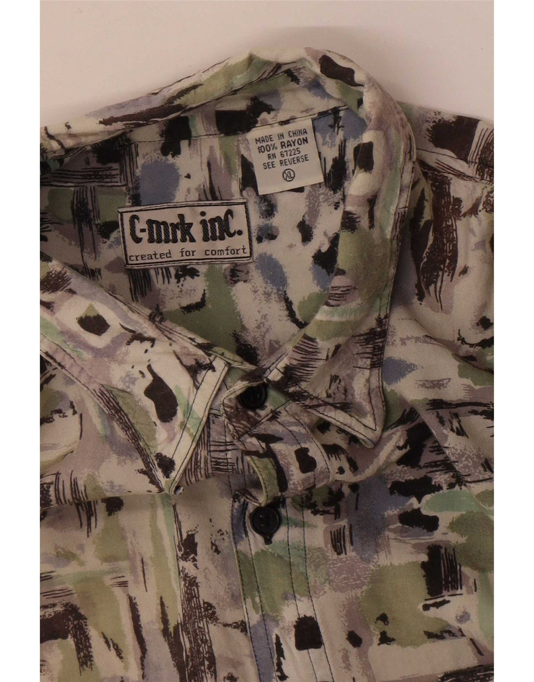 Vintage hombres patrón abstracto camisa de manga corta XL rayón multicolor