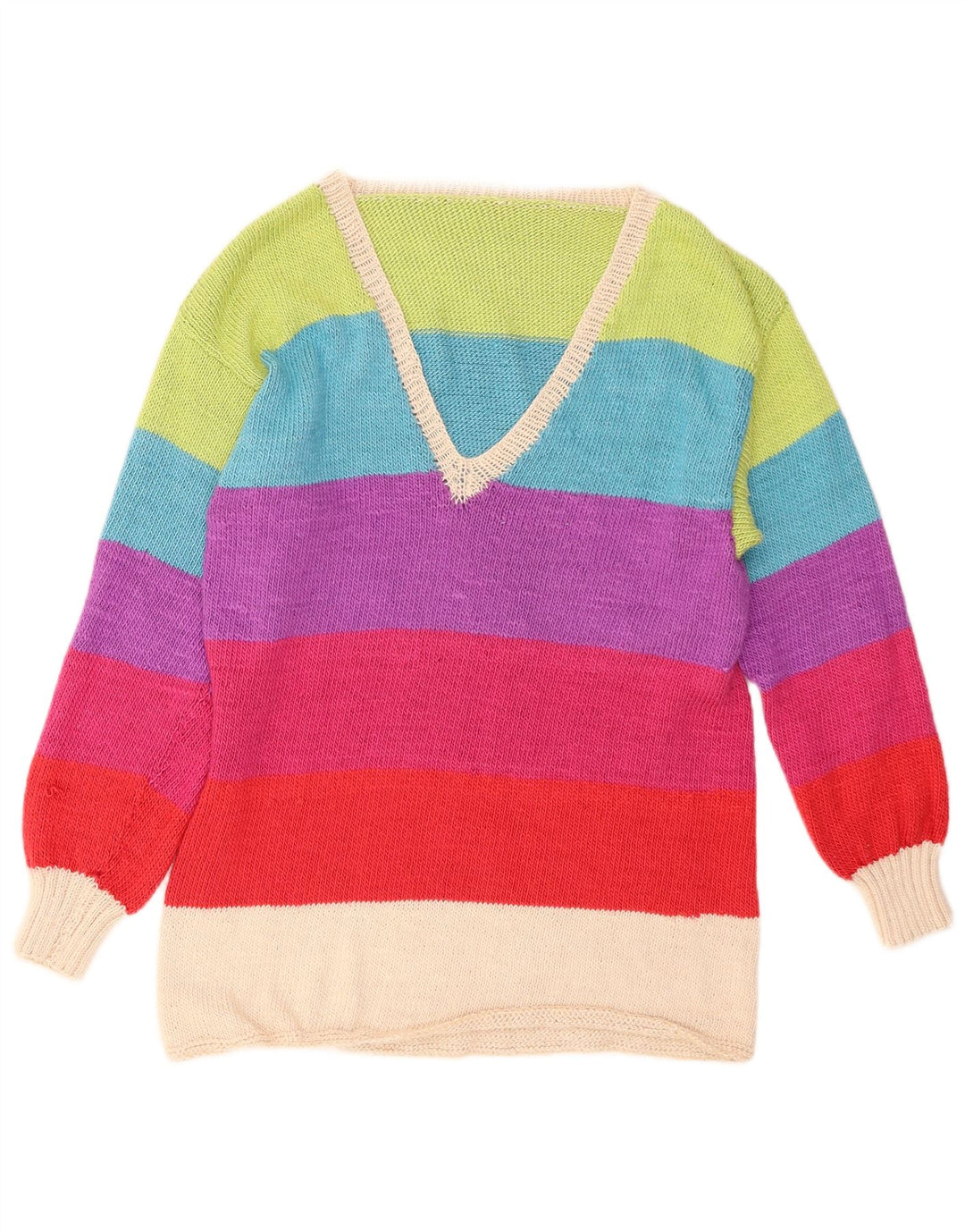 VINTAGE suéter de jersey con cuello en V para mujer Reino Unido 12 Rayas multicolores medianas
