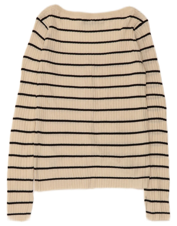 Zara Mujer Cárdigan Suéter UK 8 Small Beige Rayas Acrílico