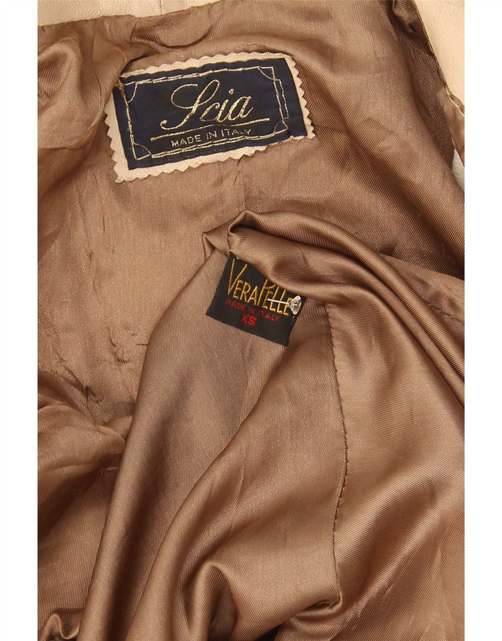 Vintage mujer oversize 3/4 manga chaqueta de cuero Reino Unido 6 XS Beige