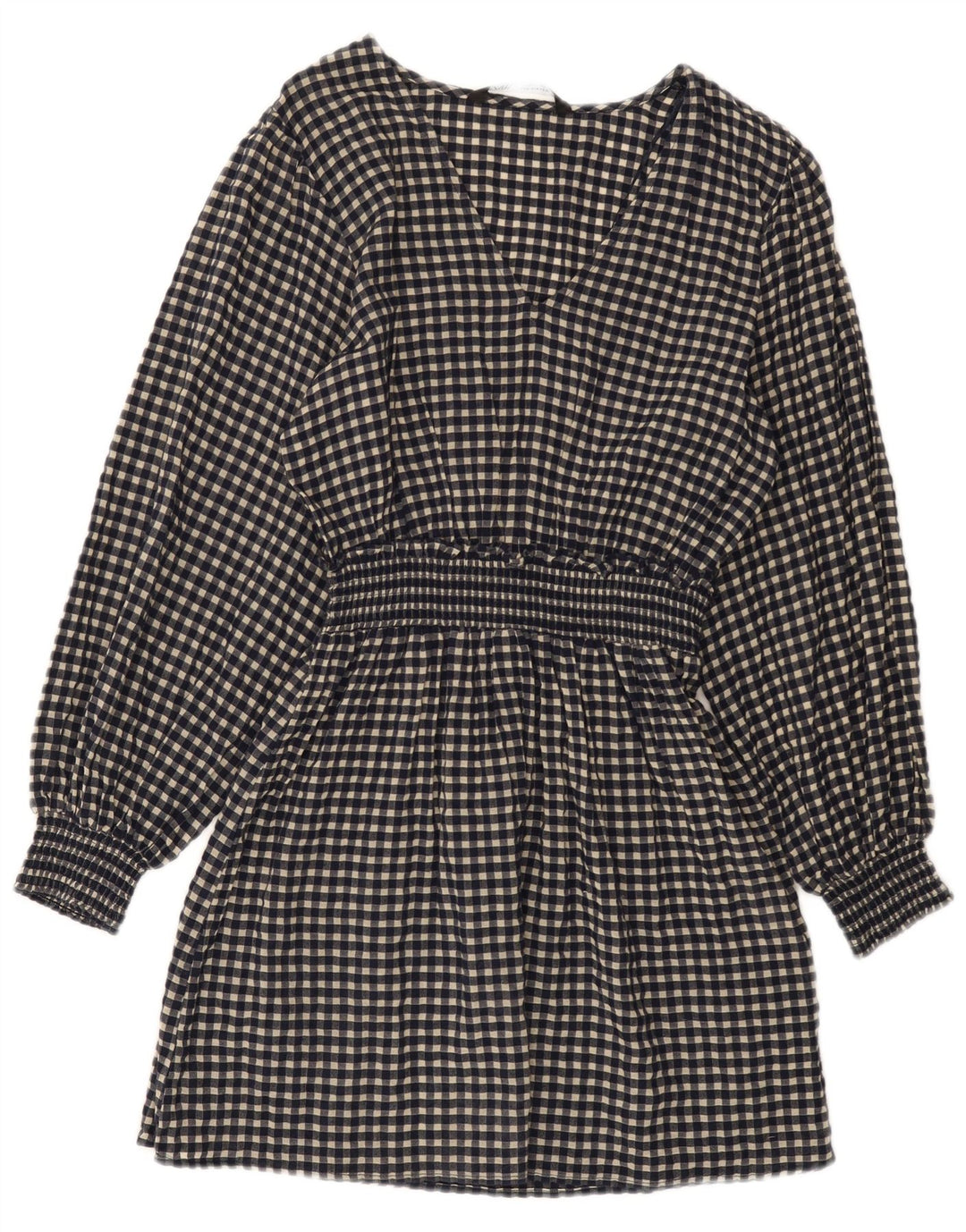 Zara Vestido Básico De Manga Larga Para Mujer UK 40 Small Azul Marino Algodón Gingham
